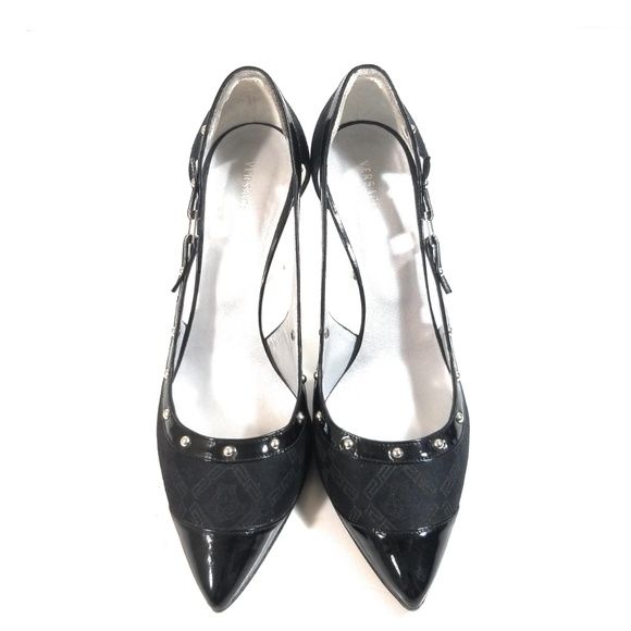 Versace Textile Leather Stud D'Orsay Heels 39.5 - Picture 4 of 8